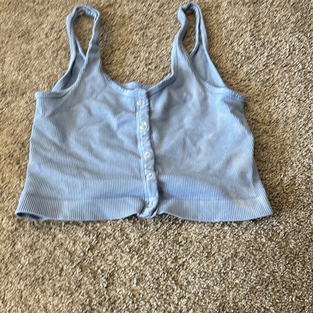 Blue Ribbed Button-Up Crop Top